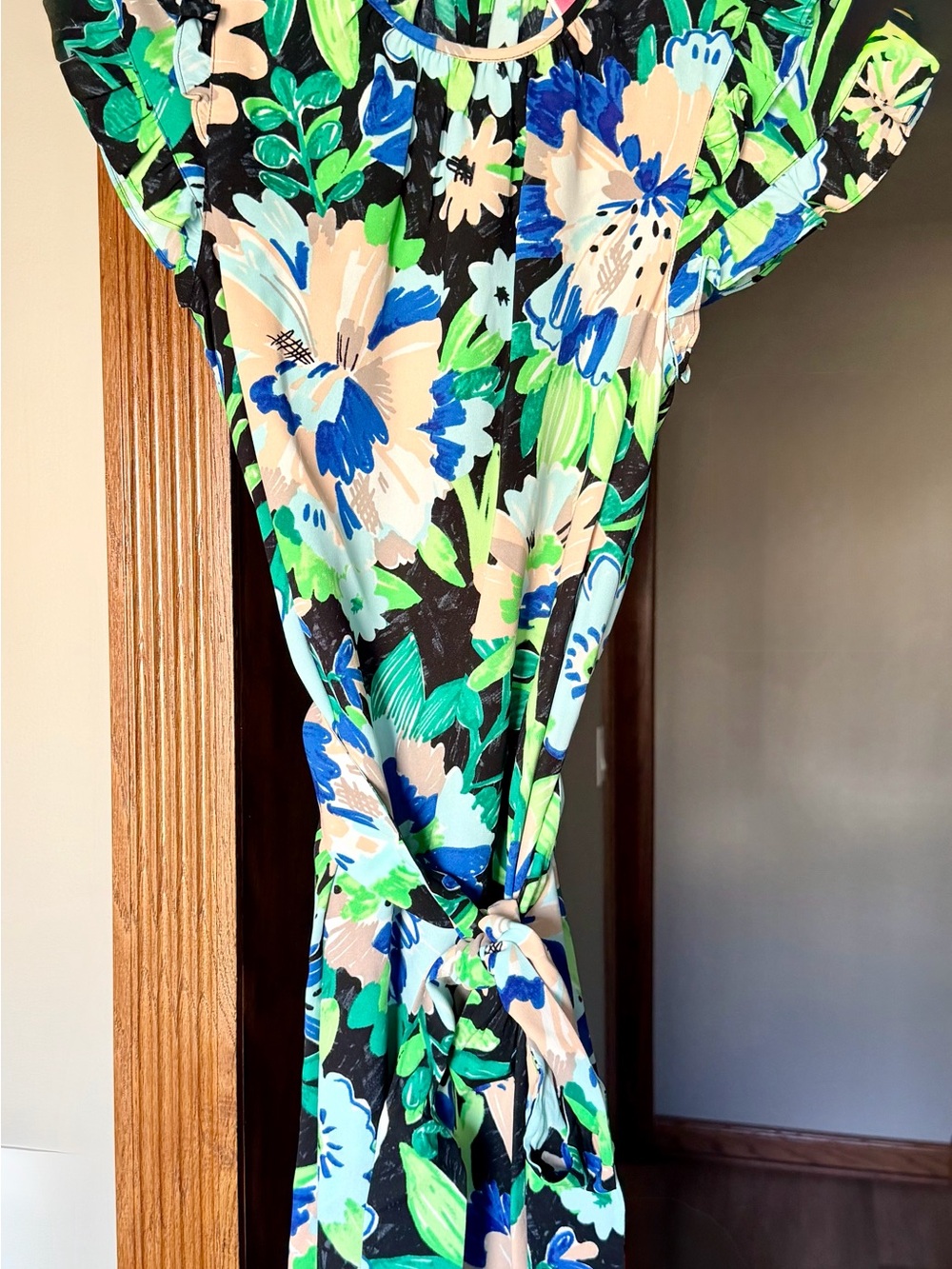 kate spade Floral Tie-Waist Maxi Dress in Black, Blue & Green